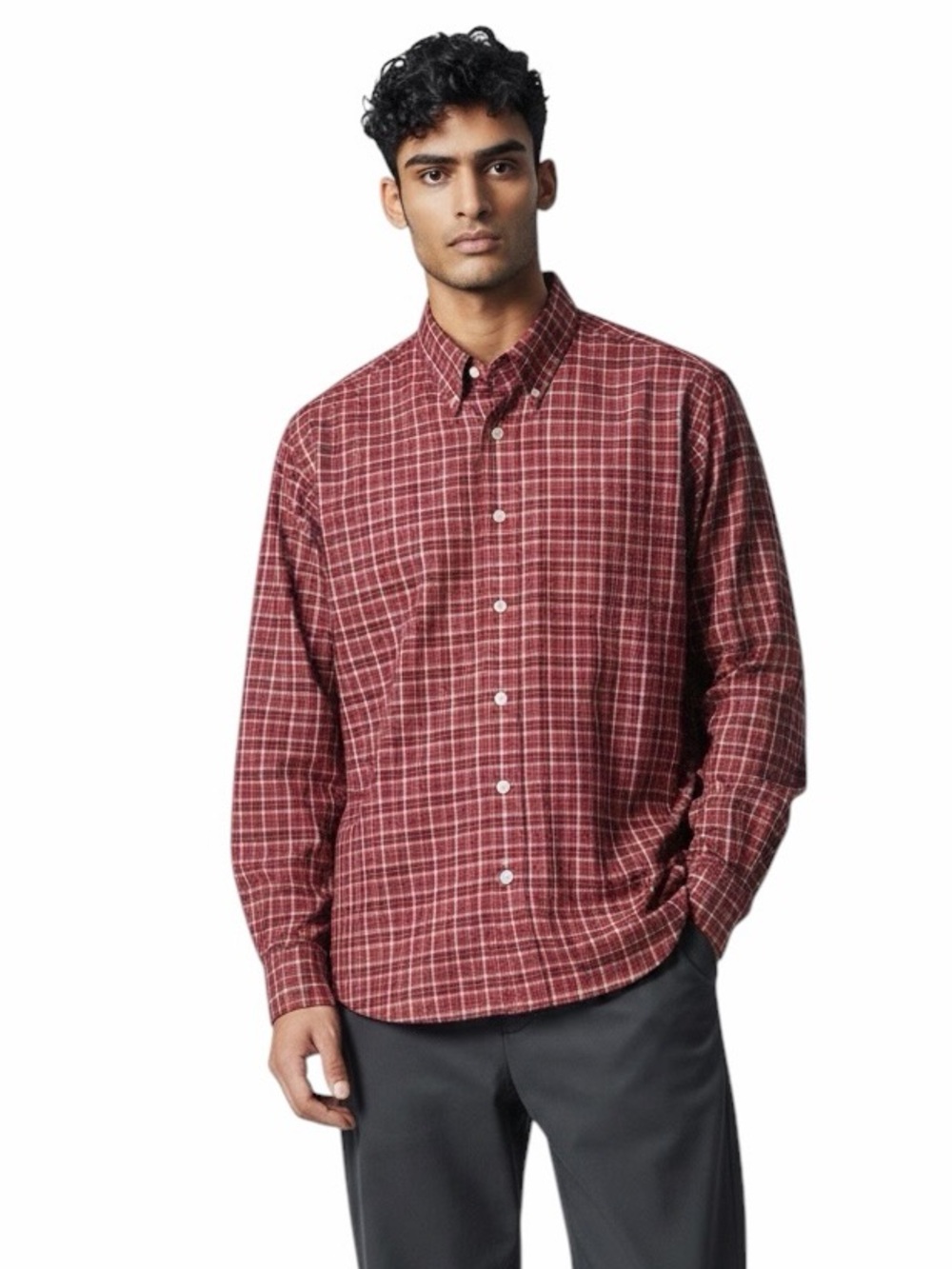 Eddie Bauer•Burgundy Plaid Button Down Shirt